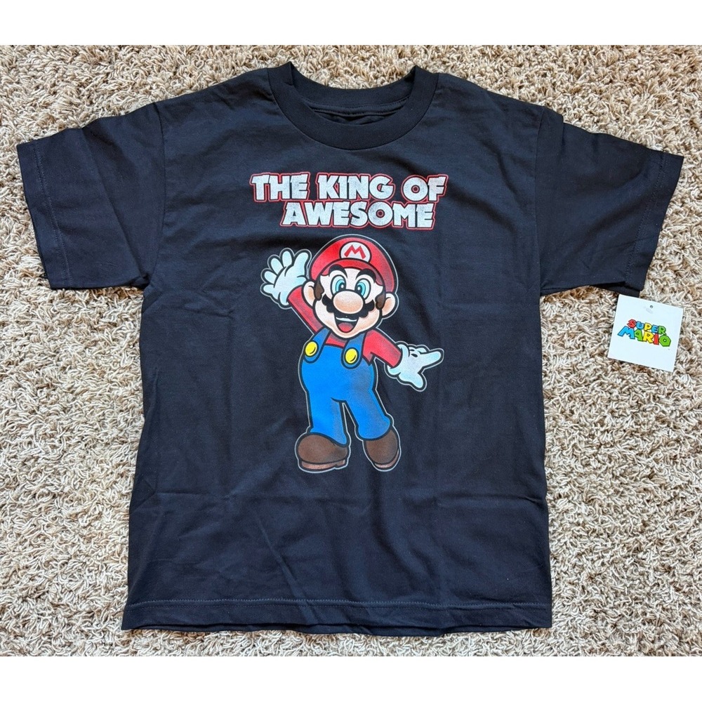 Super Mario Boys T-Shirt Black "The King Of Awesome" Boys Size 12